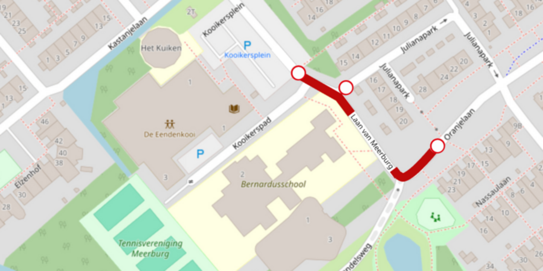 Overzichtskaart van de werkzaamheden bij de Laan van Meerburg in Zoeterwoude.