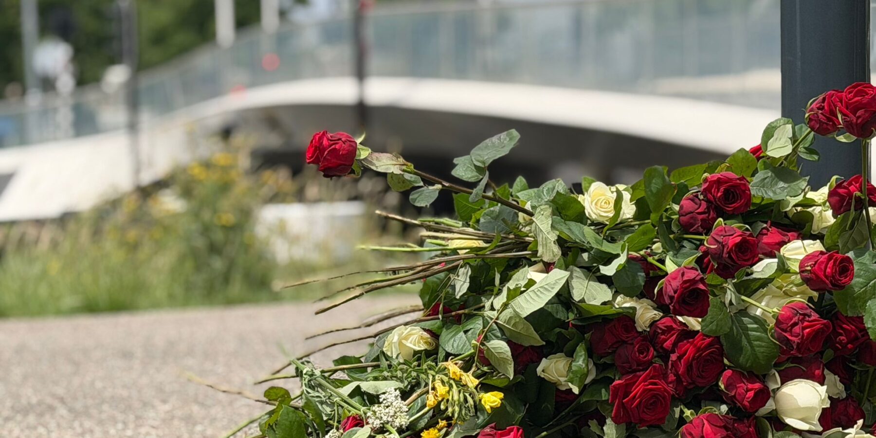 Bloemen voor de overleden Ted van DZB Leiden. De bloemen liggen bij de Julius Caesarbrug