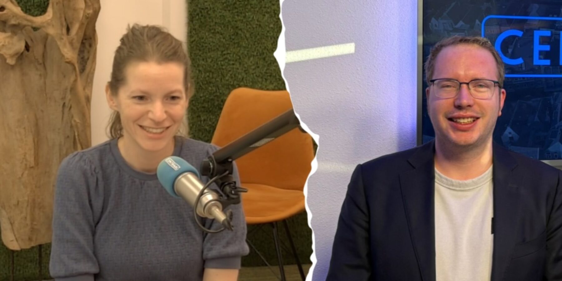 Emma van Bree van PRO Leiden en Thijs vos van Partij Sleutelstad. De twee willen beiden een coalitie vormen, maar wel afzonderlijk.