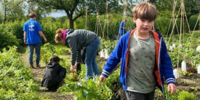 Kinderen zijn bezig in de Leidse schooltuinen die al honderd jaar bestaan.