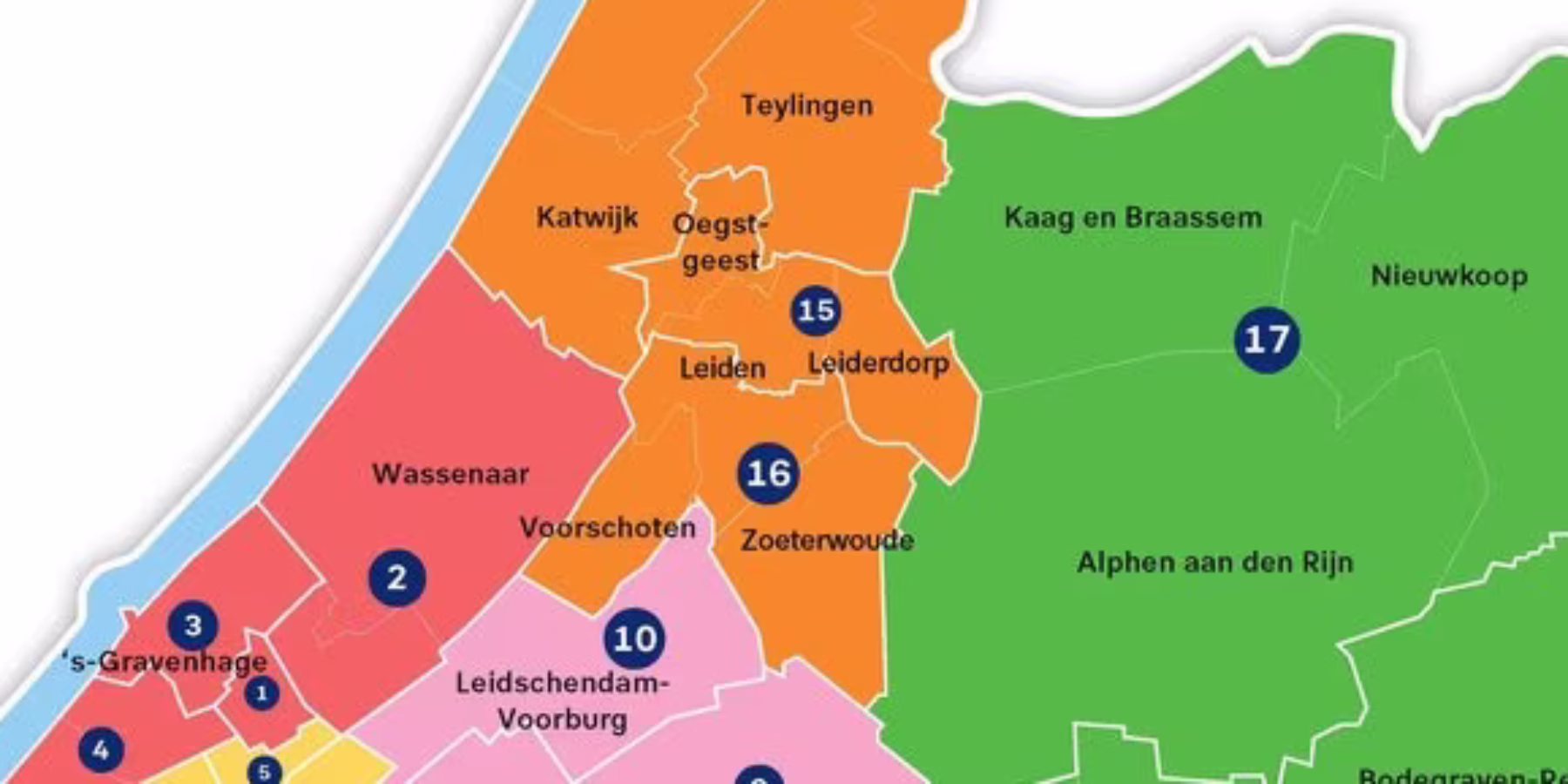 Nieuwe gebiedsindeling van de politie in de Leidse regio met grotere basisteams voor Leiden, Leiderdorp, Oegstgeest, Voorschoten en Zoeterwoude.