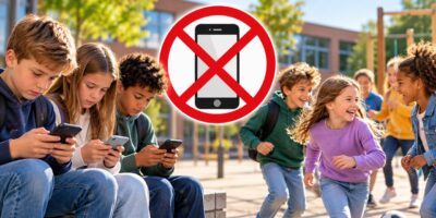 Een AI-genereerde afbeelding waarop een bord met 'verboden telefoon' te zien is. Kinderen spelen op het schoolplein en zijn gelukkig