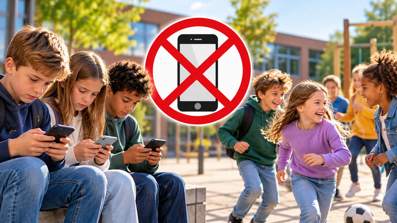 Een AI-genereerde afbeelding waarop een bord met 'verboden telefoon' te zien is. Kinderen spelen op het schoolplein en zijn gelukkig