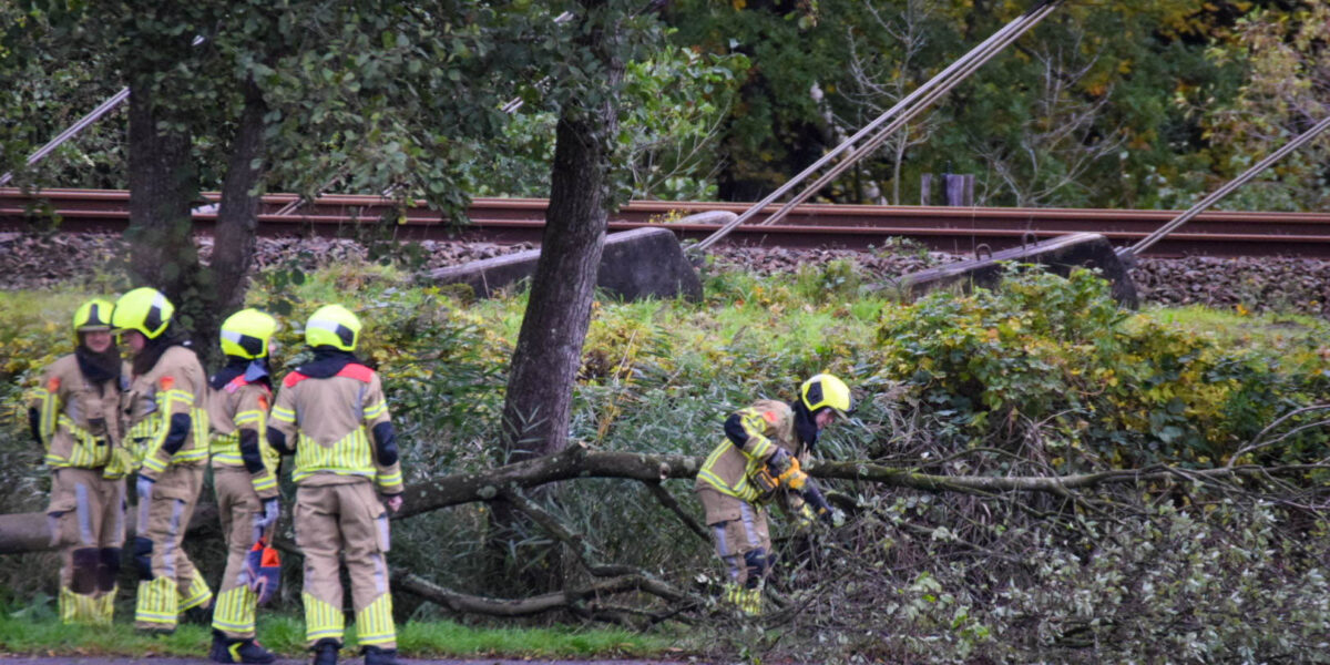 Omgewaaide boom blokkeert fietspad terwijl stormweer aan blijft