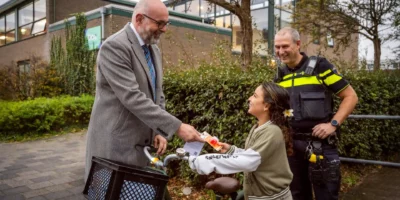 Leerling van basisschool De Driemaster ontvangt van fietslampjes van burgemeester Martijn Vroom in kader van campagne lichten AAN